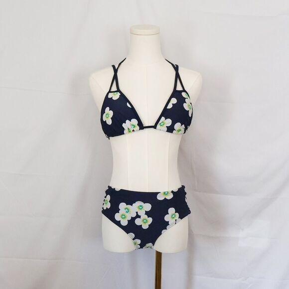 Aerie Navy and White Daisy Strappy Triangle Bikini L/XL - Picture 1 of 10